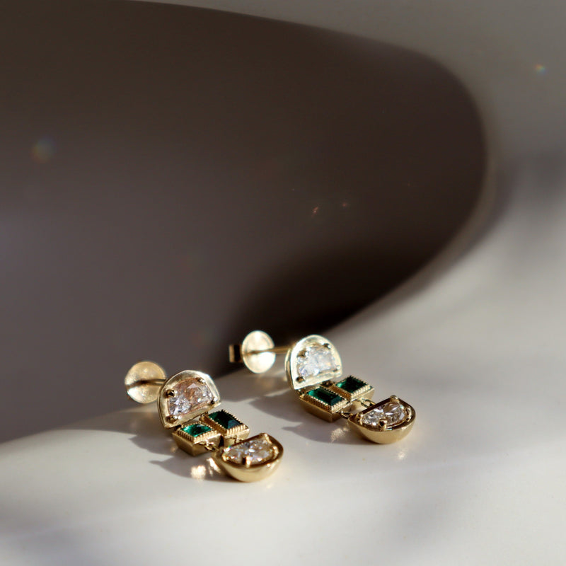 Art Deco Half Moon Diamond and Emerald Dangle Earrings