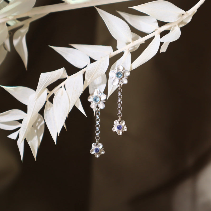 Double Forget Me Not Dangle Earrings with Sapphires White Gold