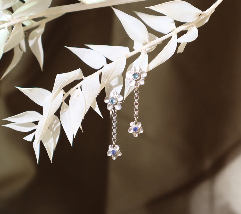 Double Forget Me Not Dangle Earrings with Sapphires White Gold