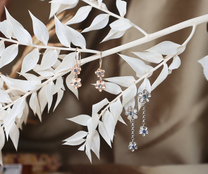 Double Forget Me Not with Montana Sapphire- French Wire Earrings