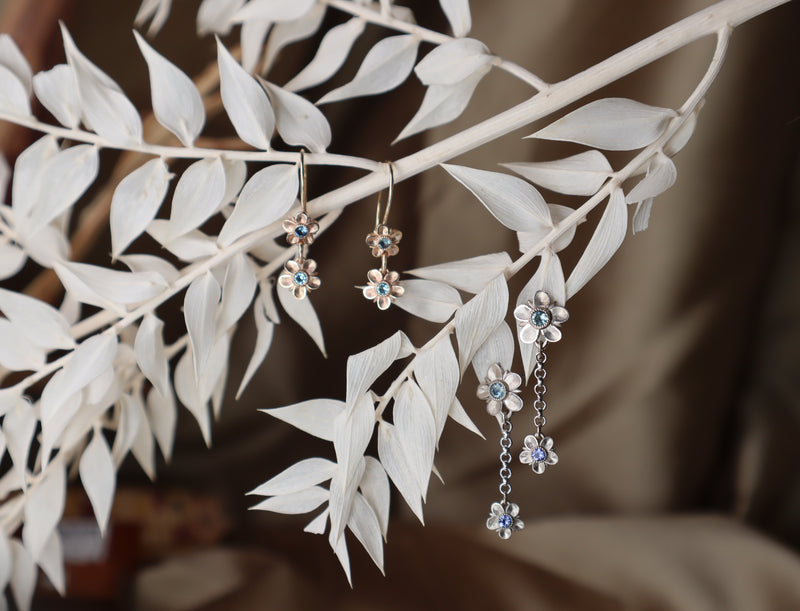 Double Forget Me Not with Montana Sapphire- French Wire Earrings