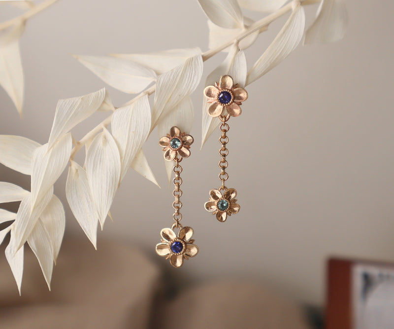 Double Forget Me Not Dangle Earrings with Sapphires