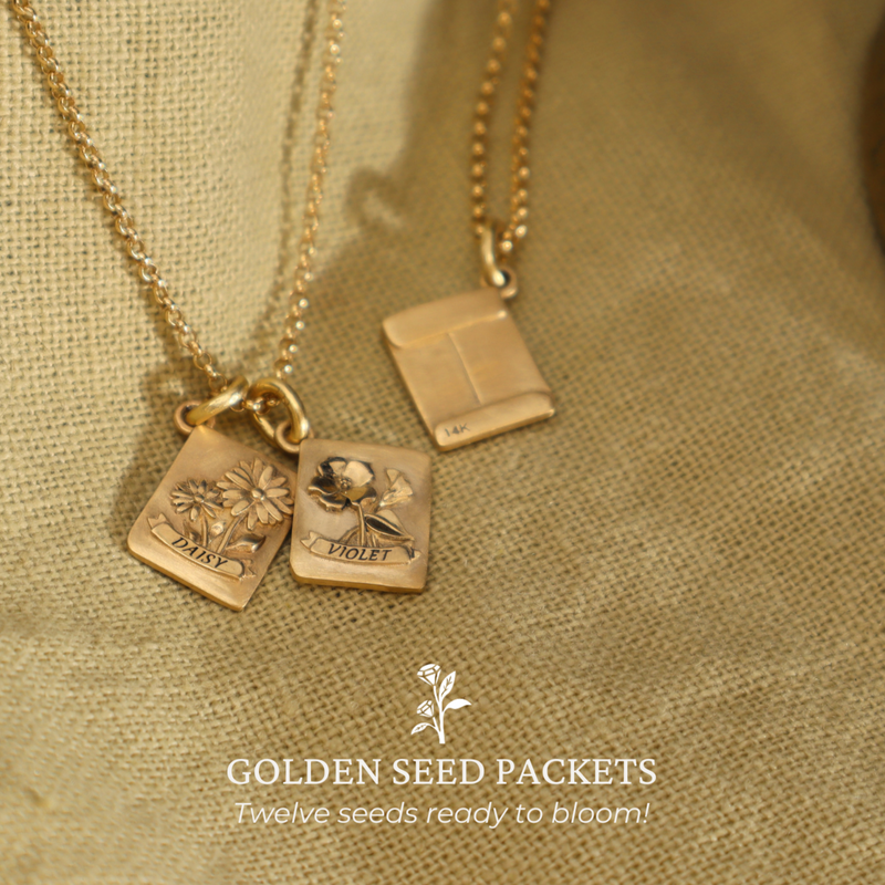birth flower seeds Golden Seed Packet Pendant- Birth Flower Aster / with 18 inch Chain / 14k Yellow Gold