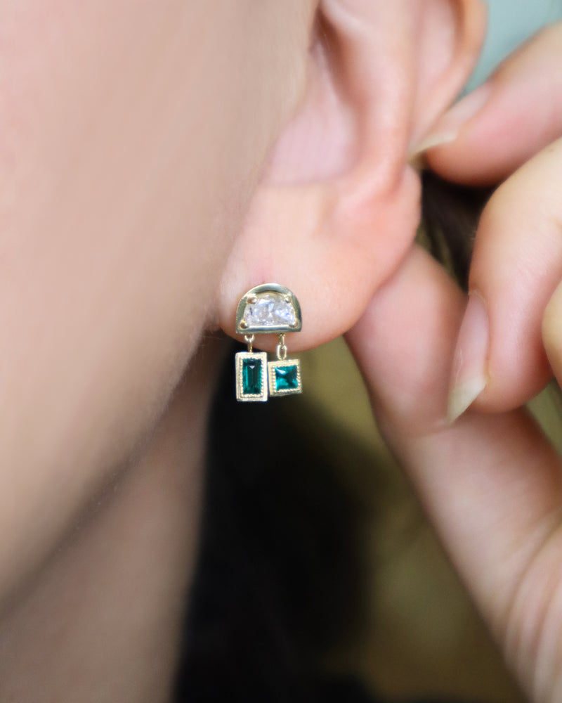 Art Deco Half Moon Diamond and Emerald Earrings