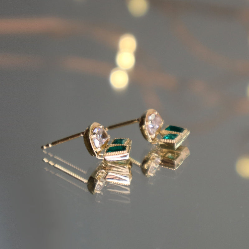 Art Deco Half Moon Diamond and Emerald Earrings