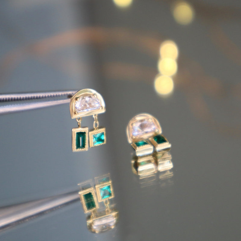 Art Deco Half Moon Diamond and Emerald Earrings