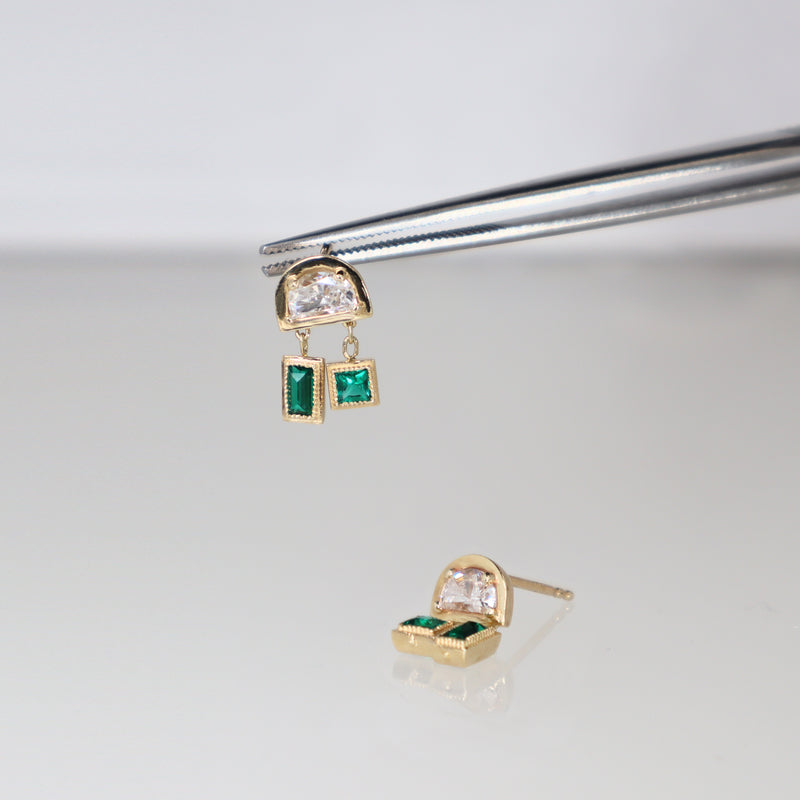 Art Deco Half Moon Diamond and Emerald Earrings