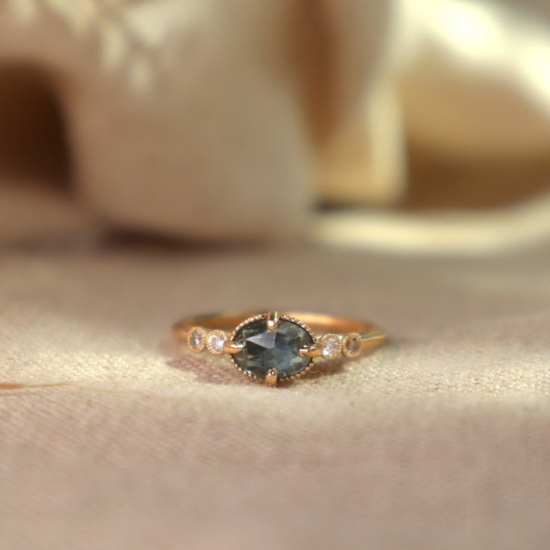 Marigold Ring – Oval 7x5 Rose Cut Montana Sapphire and Diamond