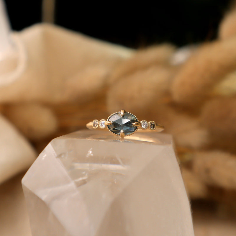 Marigold Ring – Oval 7x5 Rose Cut Montana Sapphire and Diamond