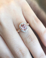 'Olivia' Rose Gold Leaf Vine Peach Sapphire Diamond Halo Ring