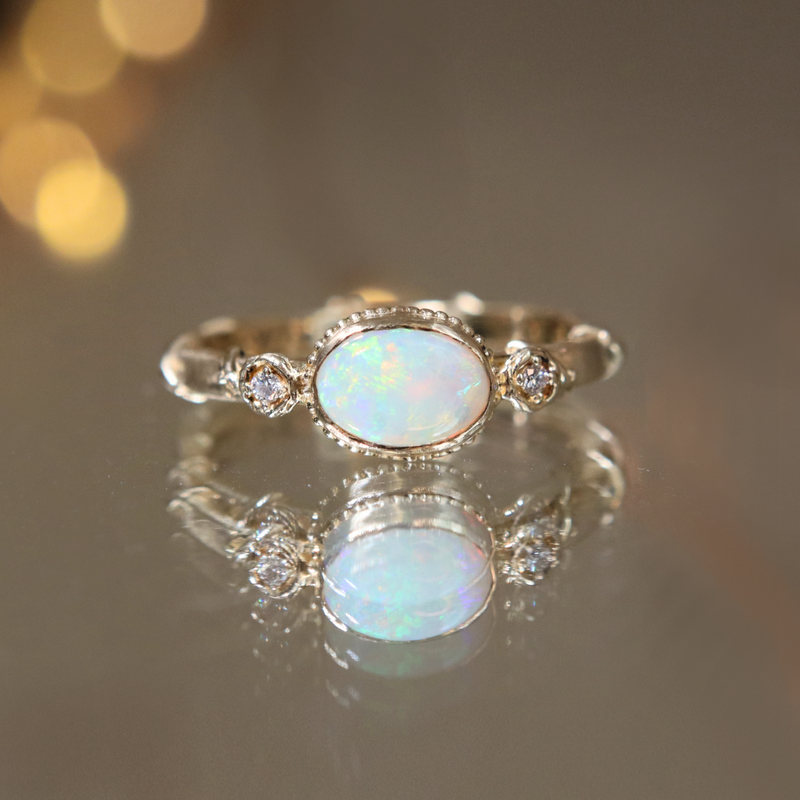 'Rose Vine' Small Oval Opal Diamond Ring Size 6