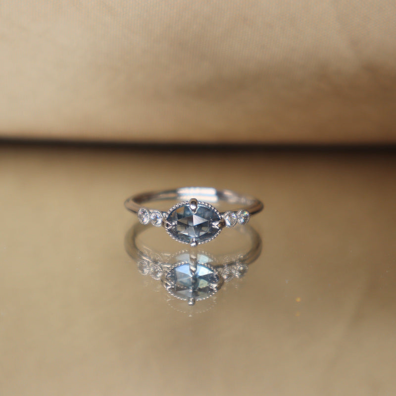 Marigold Ring – Oval 7x5 Rose Cut Montana Sapphire and Diamond Platinum