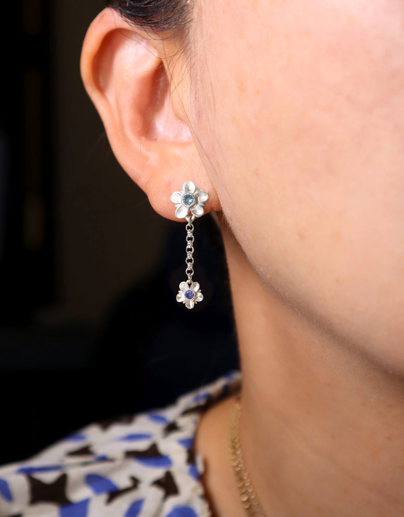 Double Forget Me Not Dangle Earrings with Sapphires White Gold