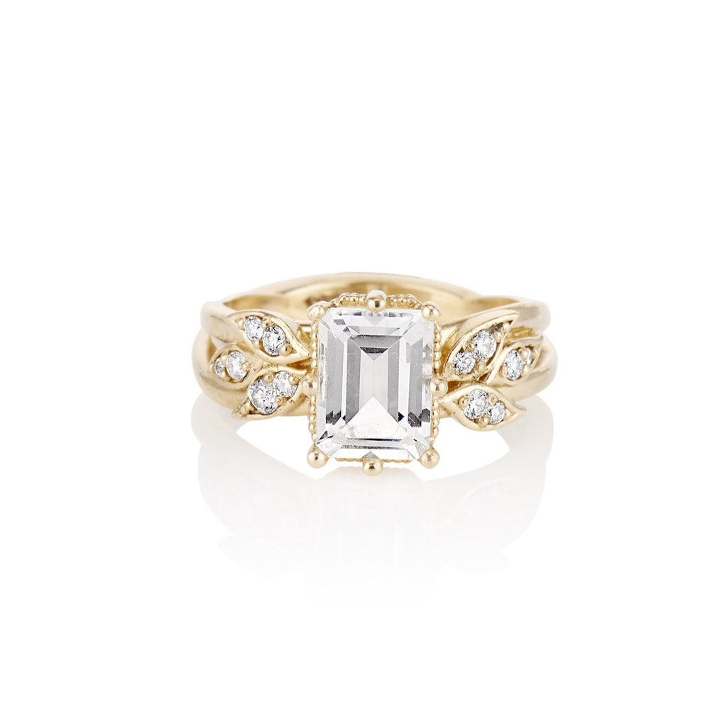Emerald cut feathered wing of leaves ring by Ellie lee fine jewelry
