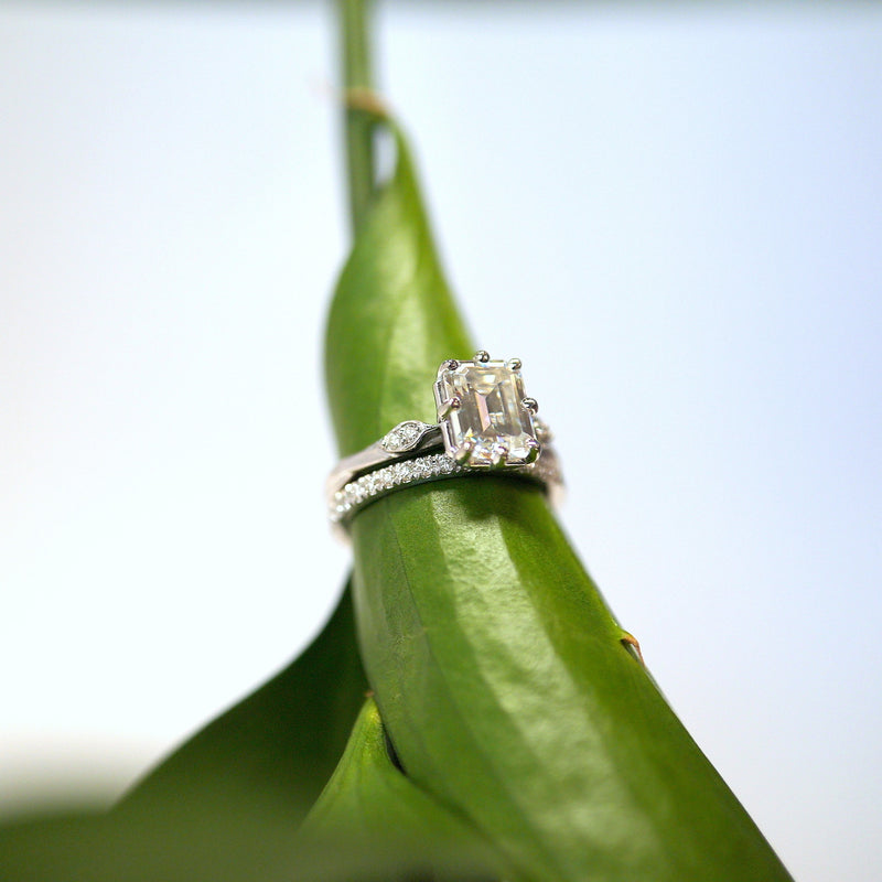 'Heather' Setting for Emerald Cut and Diamond Wedding Band