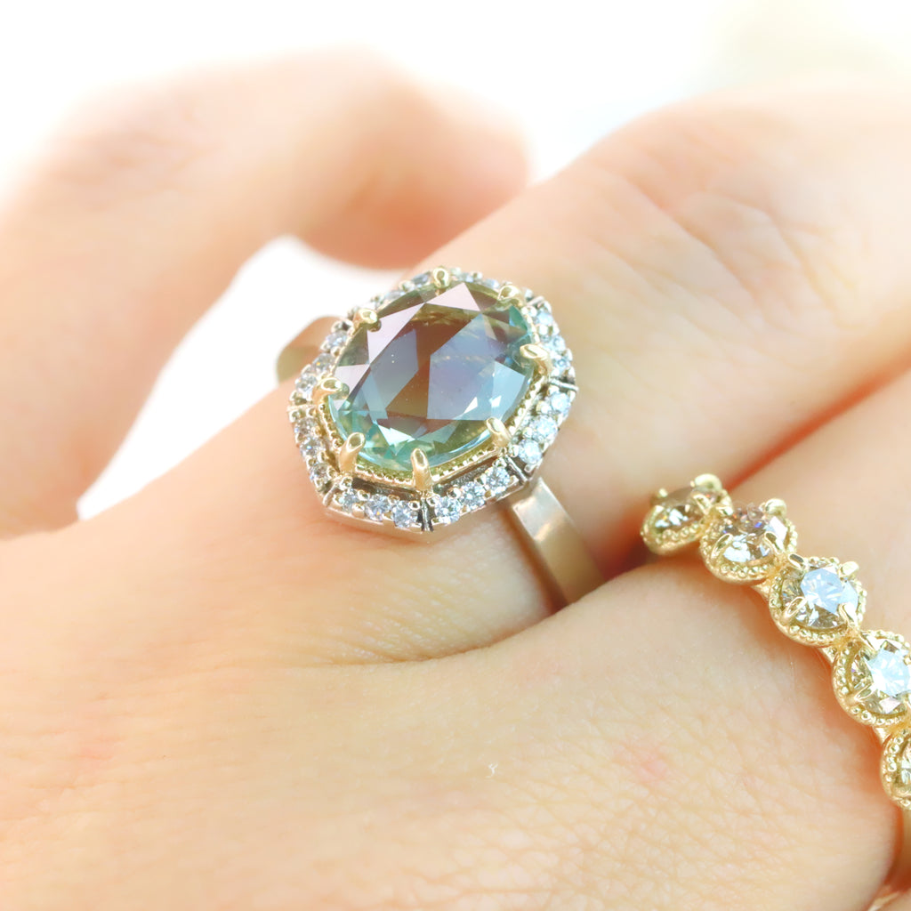 'Aspen' 2.2ct Green Rose cut Sapphire Diamond Halo Ring Size 5-8
