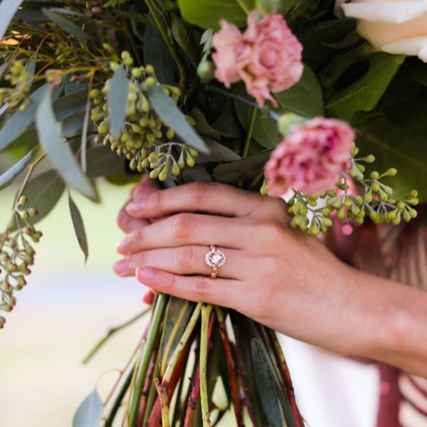 'Olivia' Rose Gold Leaf Vine Peach Sapphire Diamond Halo Ring