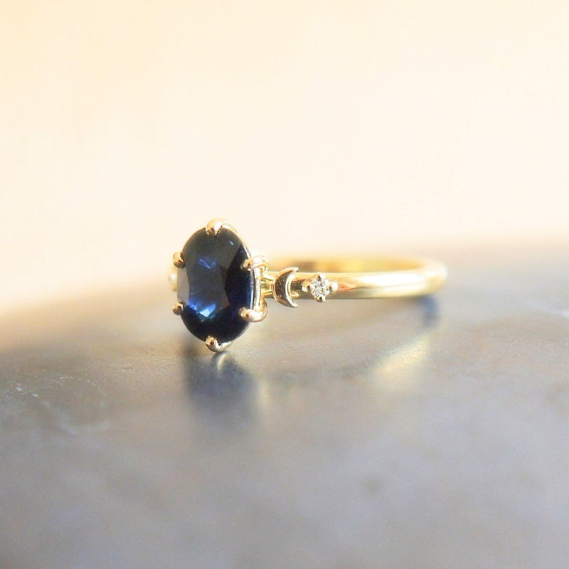 Crescent Moon and Stars Oval Blue Sapphire Ring