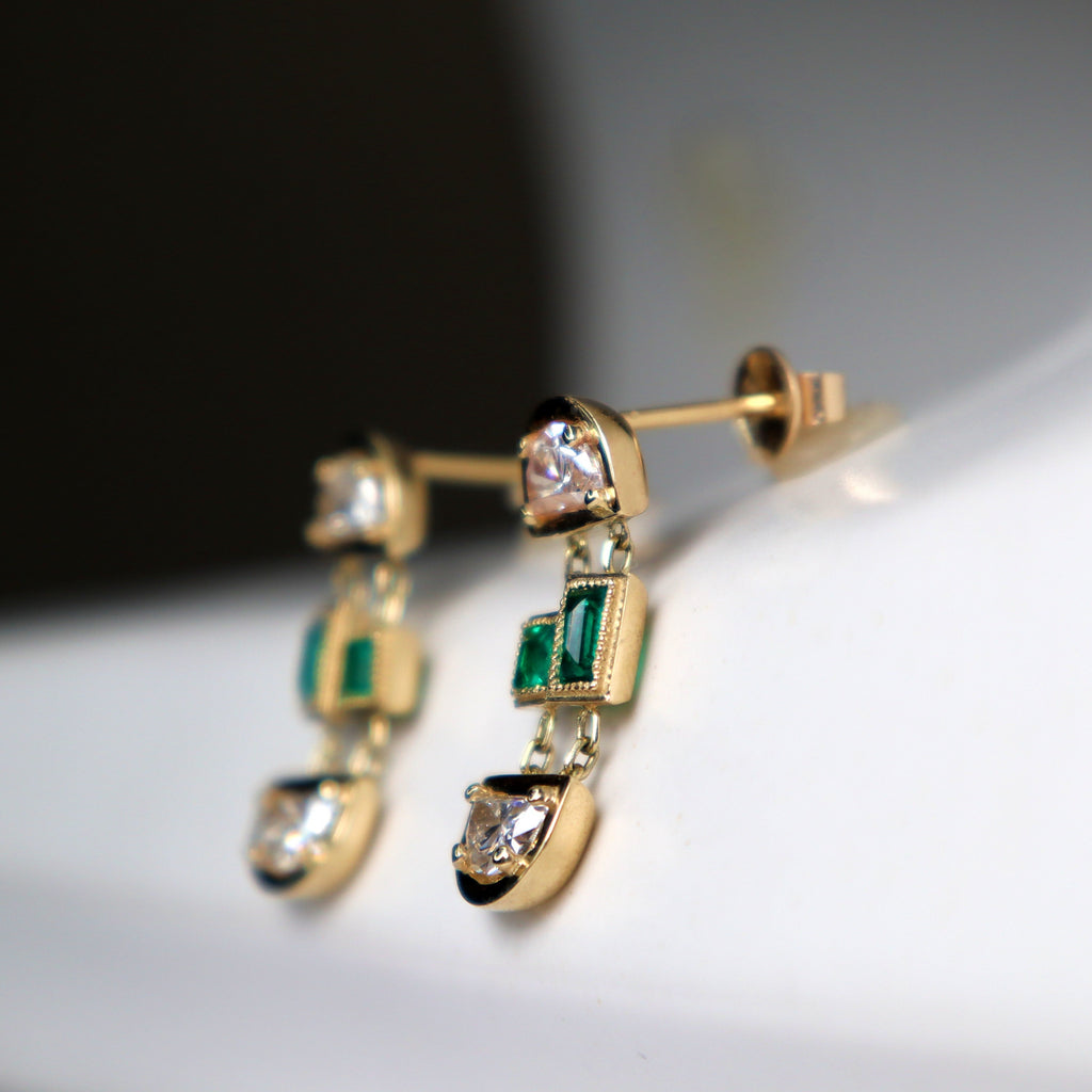 Art Deco Half Moon Diamond and Emerald Dangle Earrings