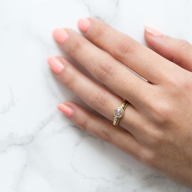 Round rose cut moissanite and rose vine ring