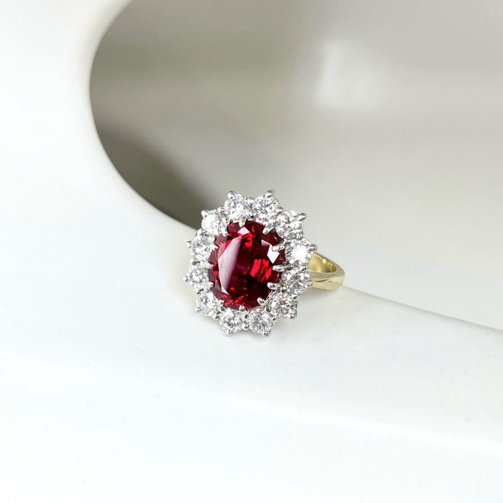 Oval ruby diamond halo two tone ring custom made