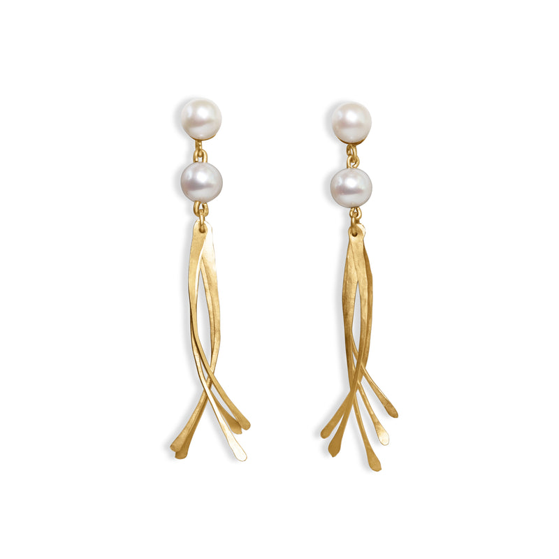 Double Pearl Gold Dangle Earrings