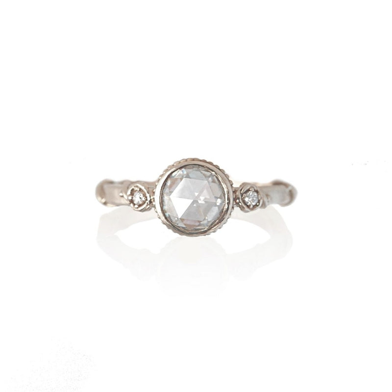 Rose vine diamond ring for rose cut moissanite in white gold