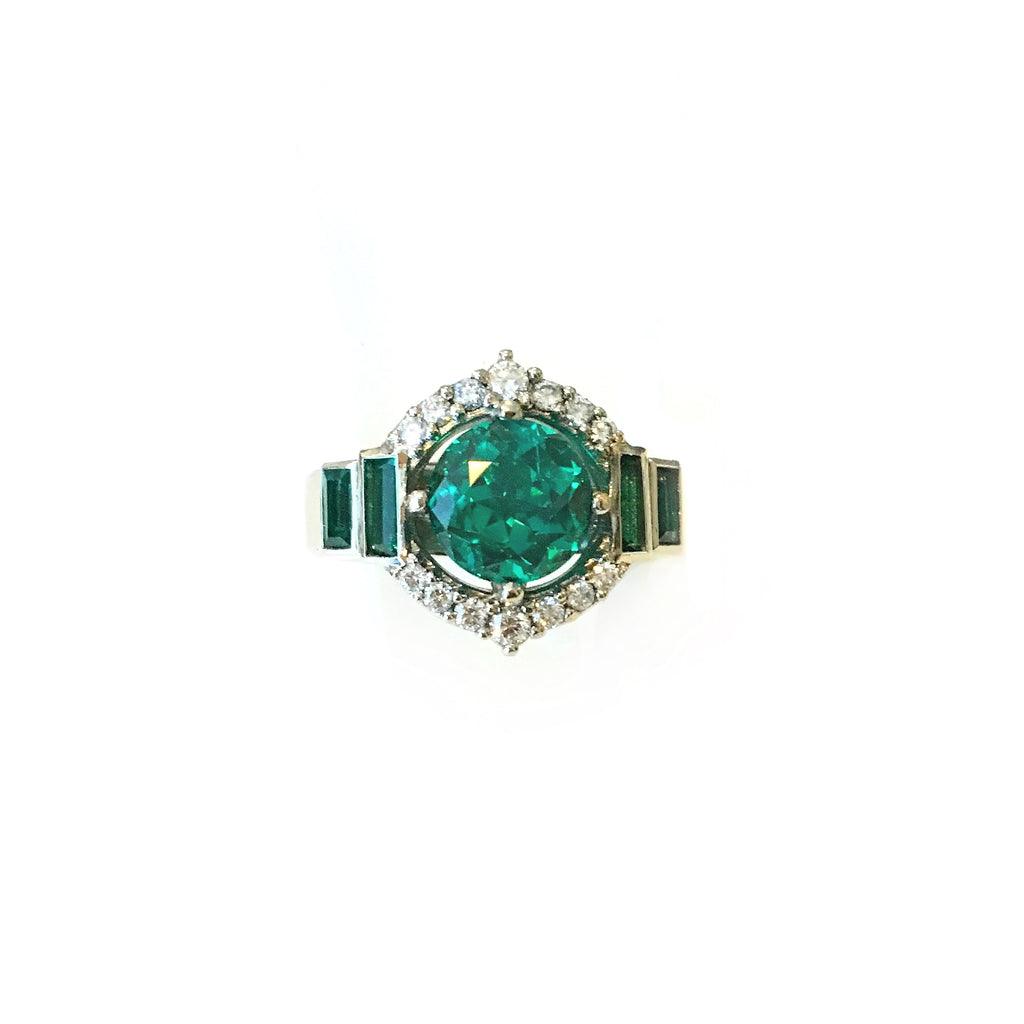 Emerald art deco style custom ring diamond halo ellie lee jewelry