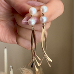 Double Pearl Gold Dangle Earrings